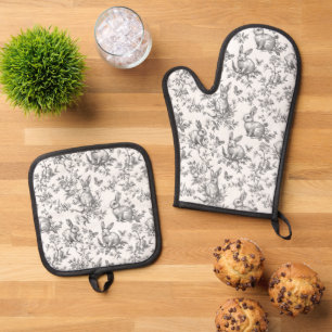 Sweet Black Bunny Rabbits French Toile Oven Mitt & Pot Holder Set