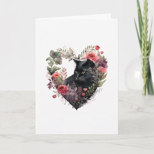 Sweet Black Cat in Flower Heart Valentine's Day Holiday Card (Front)