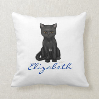 Sweet Black Cat w/Golden Eyes - Blue Custom Name Cushion