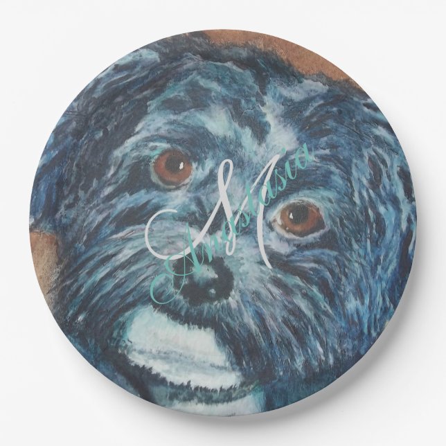 SWEET BLACK HAVANESE MONOGRAM PARTY PAPER PLATE (Front)