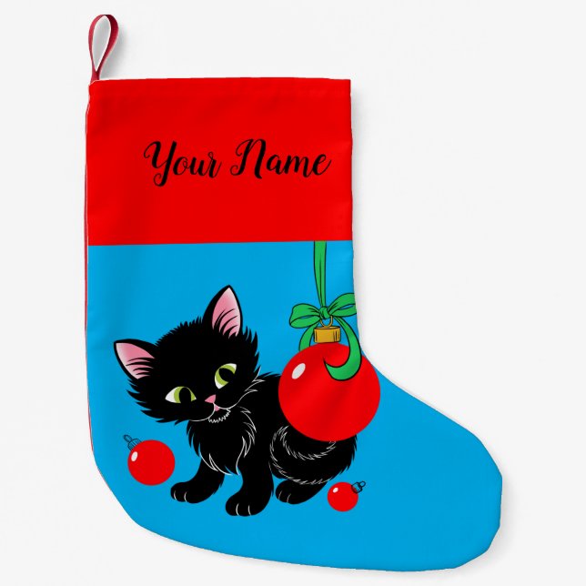 Sweet Black Kitten Personalised Small Christmas Stocking (Front)