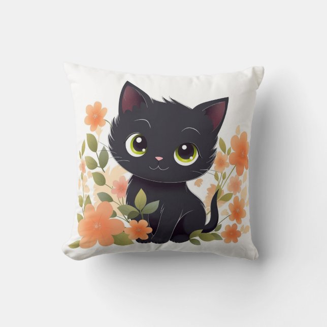 Sweet Black Kitten with Flowers Kawaii Chibi Cushion (Front)