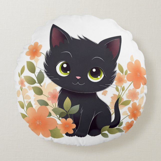 Sweet Black Kitten with Flowers Kawaii Chibi Round Cushion (Front)