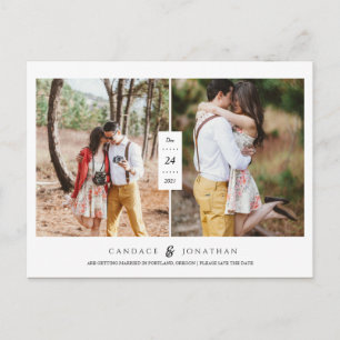 Sweet Black & White Modern Two-Photo Save the Date Announcement Postcard