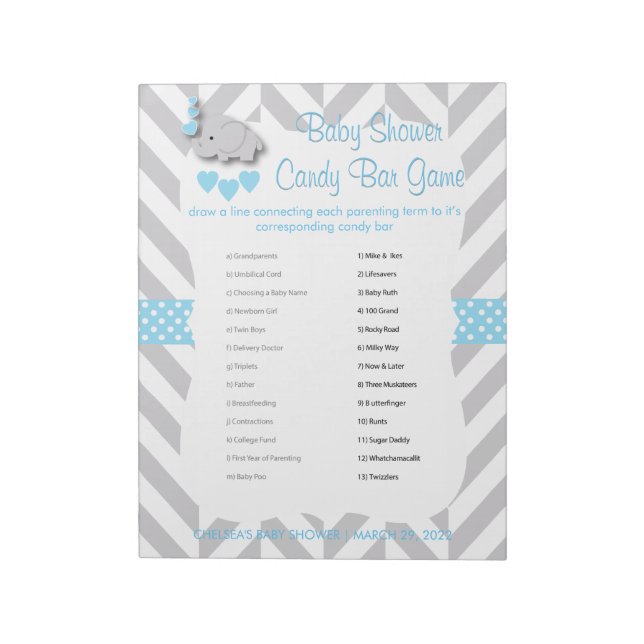 Sweet Blue and Grey Elephant Baby Shower - Game Notepad (Rotated)