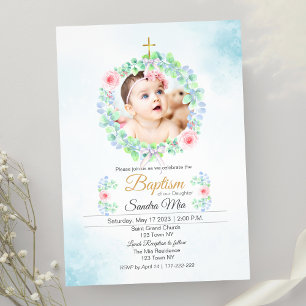 Sweet Blue and Pink Floral Baptism Invitation