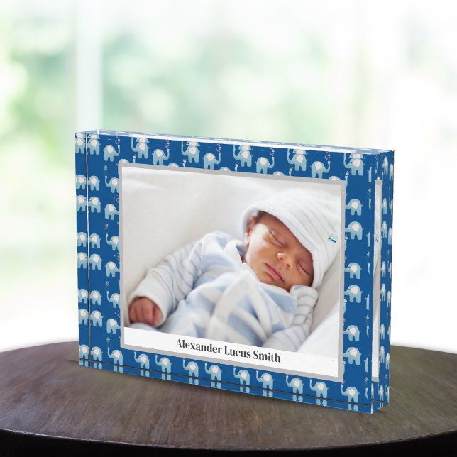 Sweet Blue Baby Elephants Pattern Name Photo Block (Creator Uploaded)