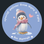 Sweet Blue Baby Penguin Christmas Label for Kids<br><div class="desc">Are you on a quest for the perfect Christmas gift tag sticker that will delight your child or grandchild and they love Penguins? Look no further! Prepare to be enchanted by our delightful pastel baby penguin design, guaranteed to bring a radiant smile to their face. Personalise this charming sticker with...</div>