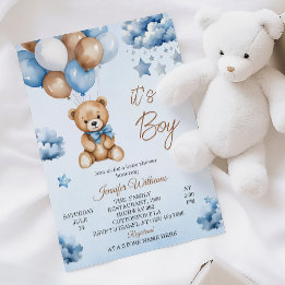Sweet Blue Balloon Teddy Baby Boy Shower Invitation