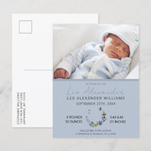 Sweet Blue Boho Floral Baby Boy Photo Birth Announ Announcement Postcard