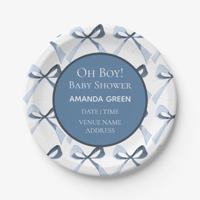 Sweet Blue Bows Baby Shower Paper Plate (Front)