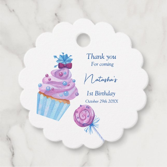 Sweet blue candy birthday favour tags (Front)