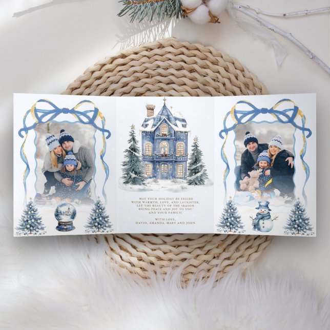 Sweet Blue Coquette Bow Christmas Wonderland Photo Tri-Fold Holiday Card (Creator Uploaded)