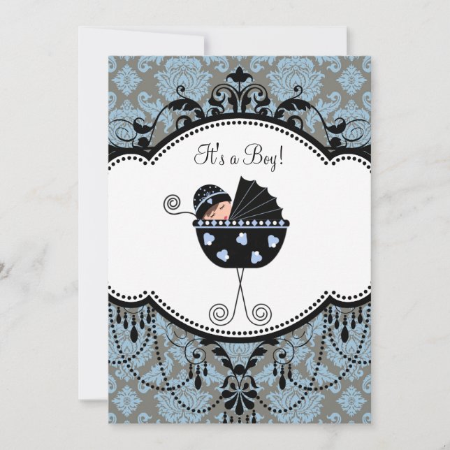 Sweet Blue Damask Baby Boy Shower Invitation (Front)