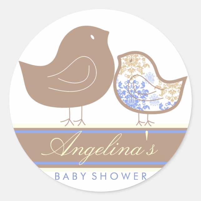Sweet Blue Damask Chicks Boy Baby Shower Sticker (Front)