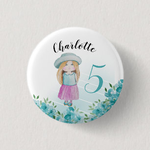 Sweet Blue Doll Watercolor Hand-painted 3 Cm Round Badge
