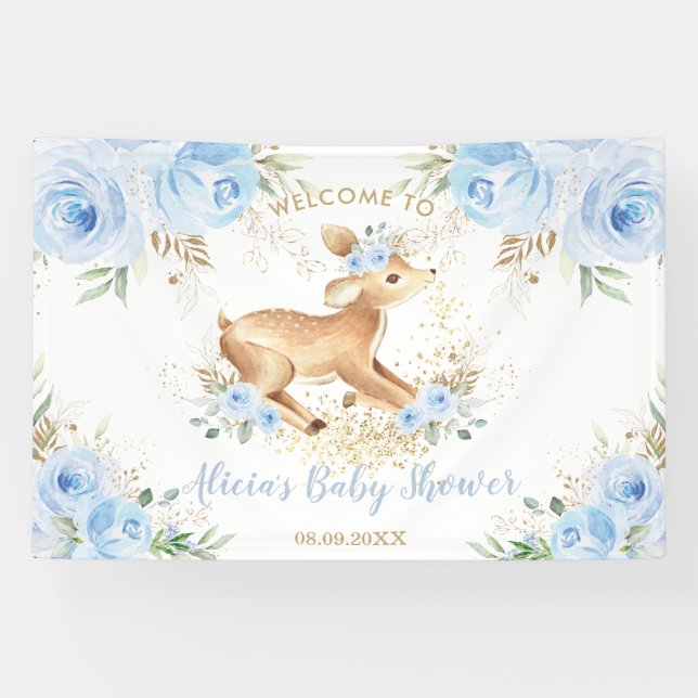 Sweet Blue Floral Baby Deer Fawn Boy Baby Shower Banner (Horizontal)