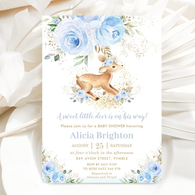 Sweet Blue Floral Baby Deer Fawn Boy Baby Shower Invitation (Creator Uploaded)