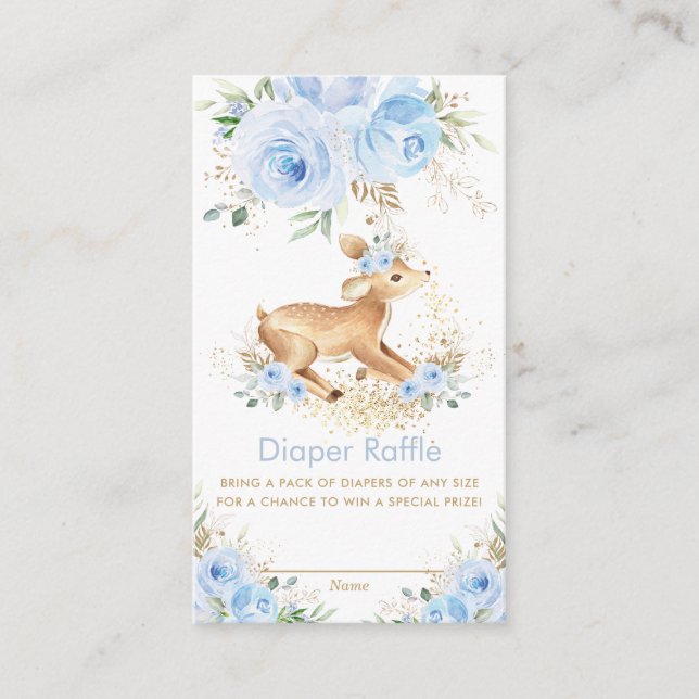 Sweet Blue Floral Deer Baby Shower Diaper Raffle Enclosure Card (Front)
