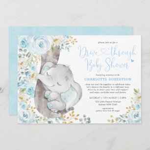 Sweet Blue Floral Elephant Drive By Baby Shower Invitation
