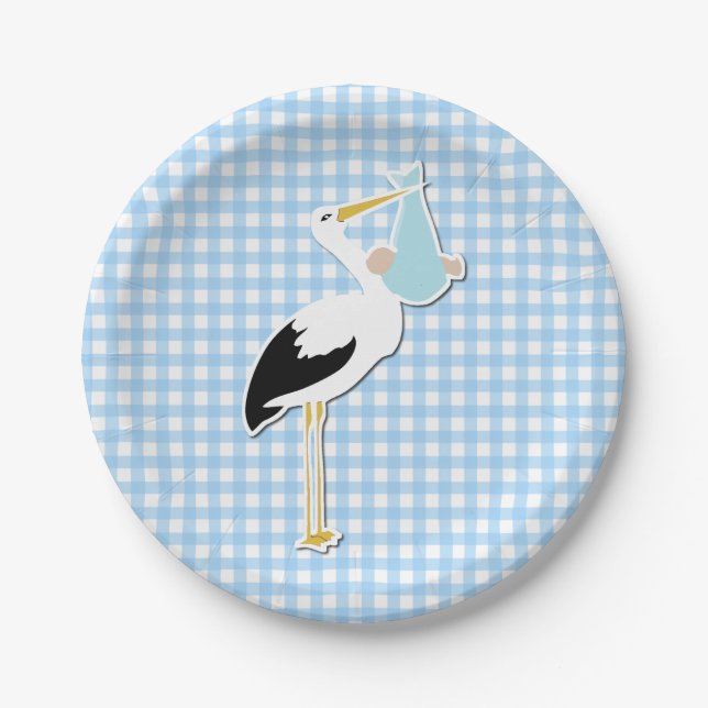 Sweet Blue Gingham and Stork Baby Shower Plate (Front)