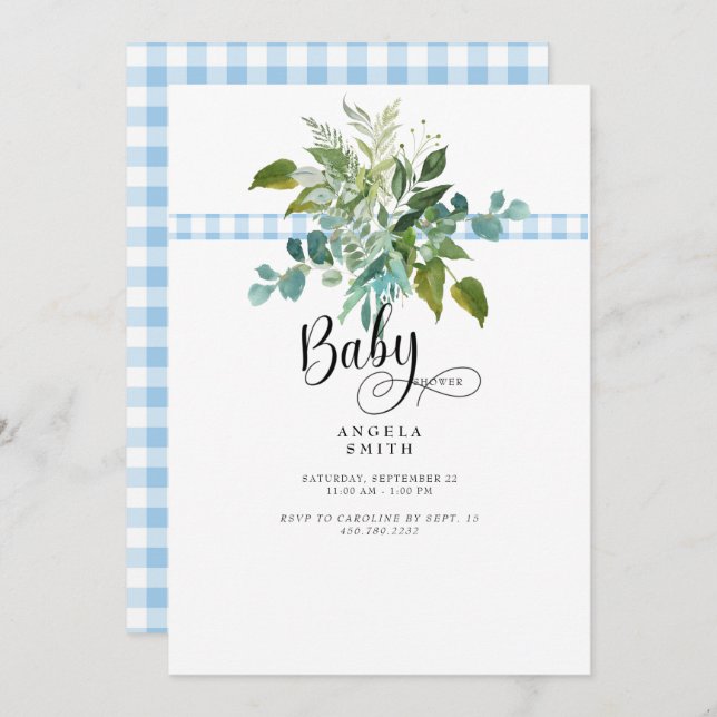 Sweet Blue Gingham Foliage Baby Shower Invitation (Front/Back)