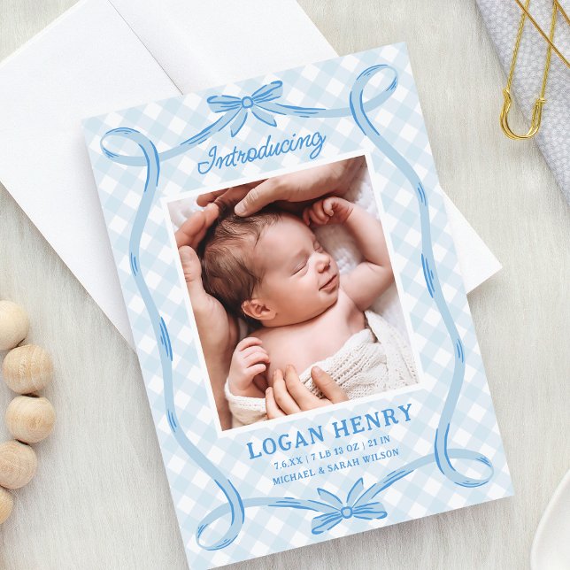 Sweet Blue Gingham Ribbon Bow Birth Announcement (Creator Uploaded)