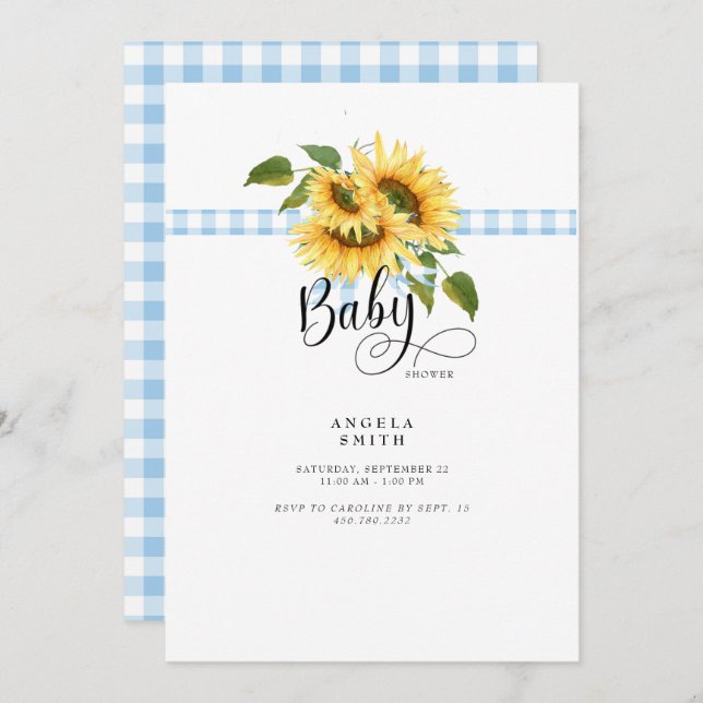 Sweet Blue Gingham Sunflower Baby Shower Invitation (Front/Back)