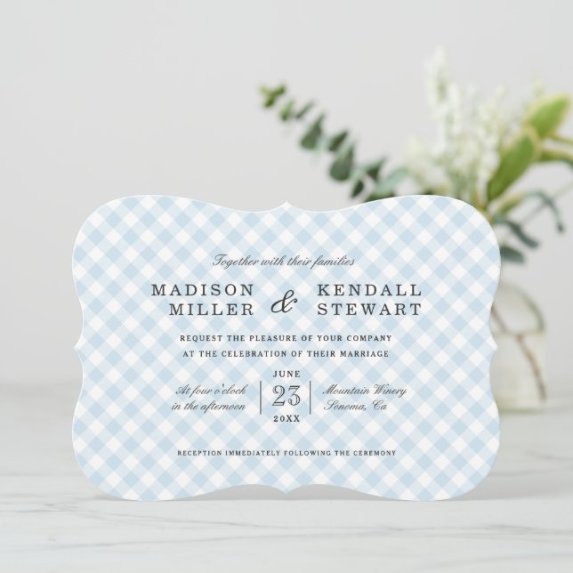 Sweet Blue Gingham | Wedding Invitation (Standing Front)