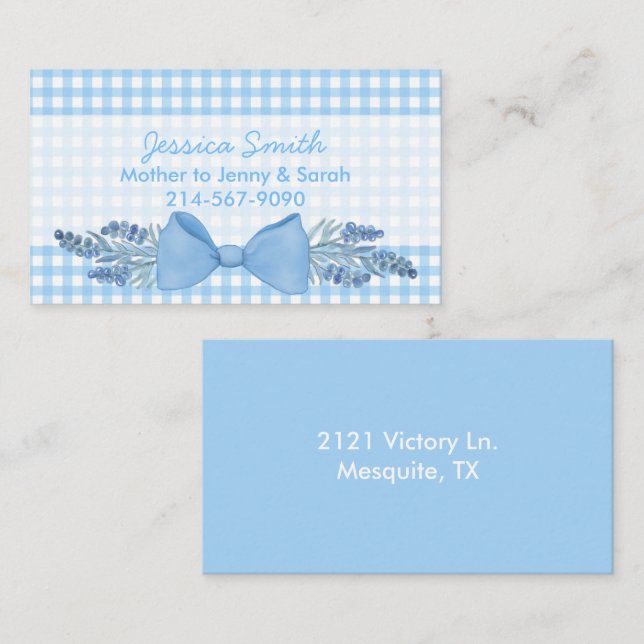 Sweet Blue Gingham with Flowers and Bow Mummy Calling Card (Front/Back)