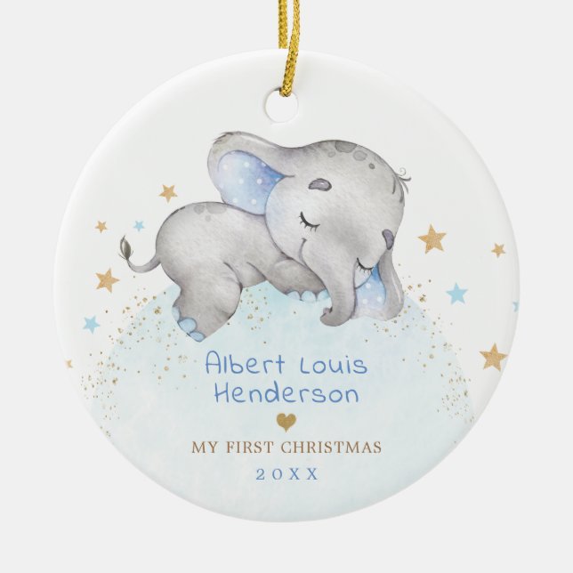 Sweet Blue Gold Elephant Baby 1st First Christmas Ceramic Ornament (Front)