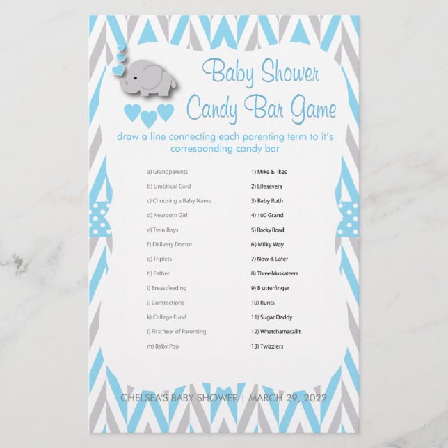 Sweet Blue & Grey Elephant Baby Shower - Game 2 (Front)
