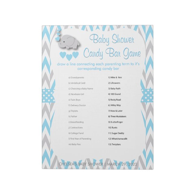 Sweet Blue & Grey Elephant Baby Shower - Game 2 Notepad (Rotated)