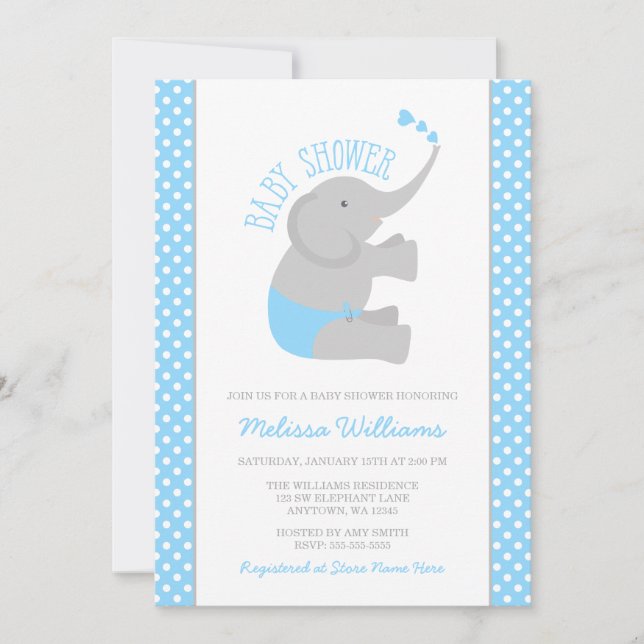 Sweet Blue Grey Elephant Baby Shower Invitations (Front)