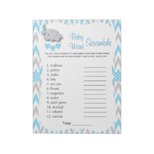 Sweet Blue & Grey Elephant Baby Shower Word Game 2 Notepad