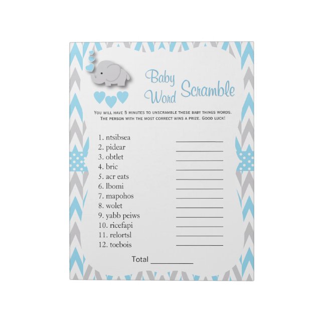 Sweet Blue & Grey Elephant Baby Shower Word Game 2 Notepad (Rotated)