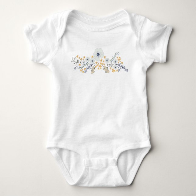 Sweet Blue Grey Yellow Botanical Flowers Baby Bodysuit (Front)