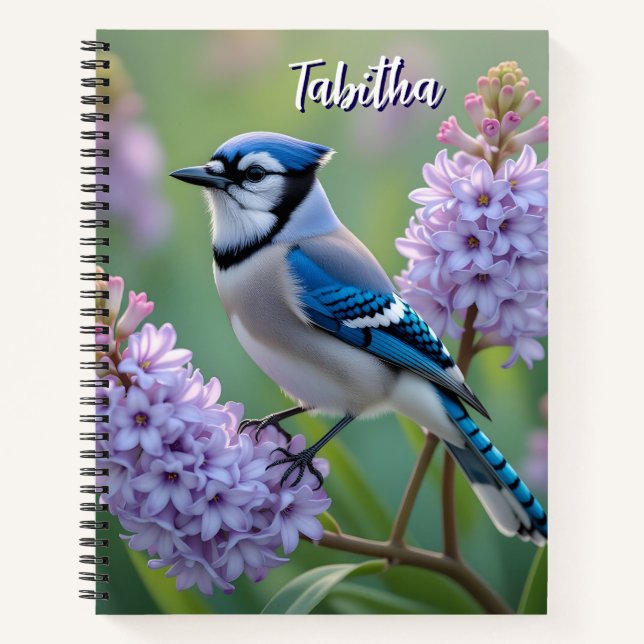 Sweet Blue Jay on Lilacs Personalised Notebook (Front)