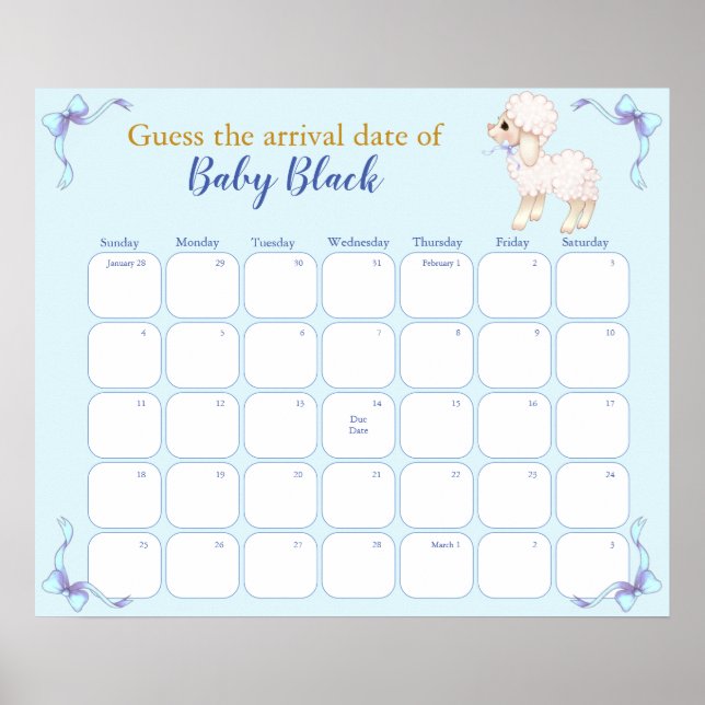 Sweet Blue Lamb Baby Shower Due Date Calendar Poster (Front)