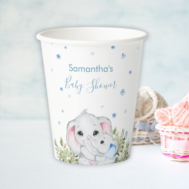 Sweet Blue Mummy Baby Elephant Floral Baby Shower Paper Cups (Creator Uploaded)