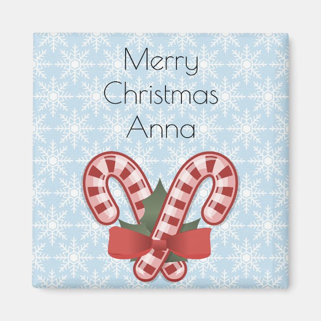Sweet Blue Snowflake, Red Candy Stick Magnet (Front)