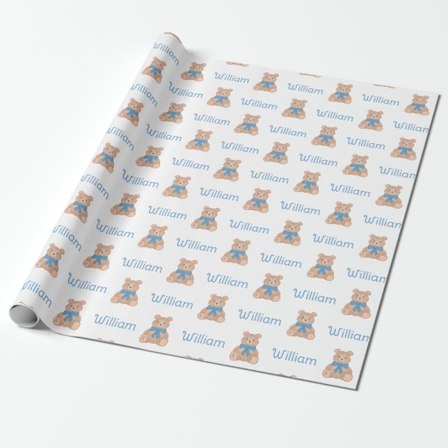  Sweet Blue Teddy Bear Bow Tie Baby Shower Wrapping Paper (Unrolled)