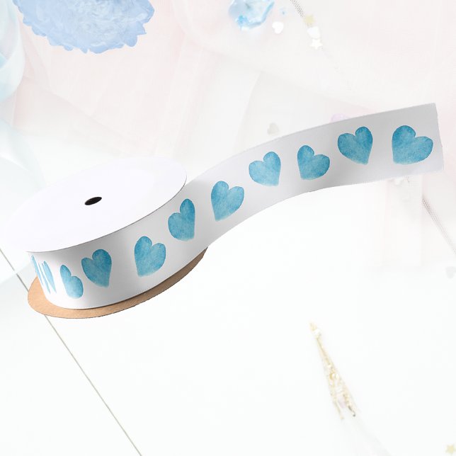 Sweet Blue Watercolor Hearts White Ribbon Satin Ribbon (Creator Uploaded)