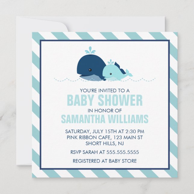 Sweet Blue Whales Boy Baby Shower Invitation (Front)