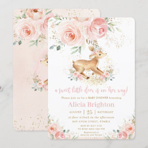 Sweet Blush Floral Baby Deer Fawn Girl Baby Shower Invitation
