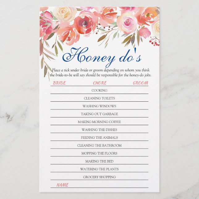 Sweet Blush Floral Honey Do's Bridal Shower Game (Front)