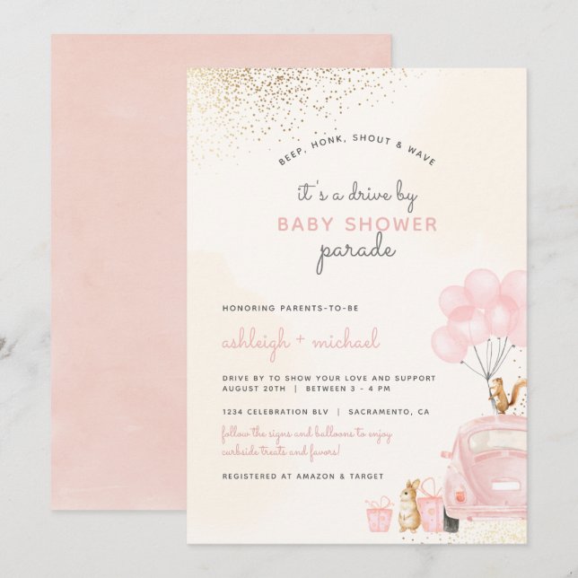 Sweet Blush Pink Balloons Car Drive By Baby Shower Invitation (Front/Back)