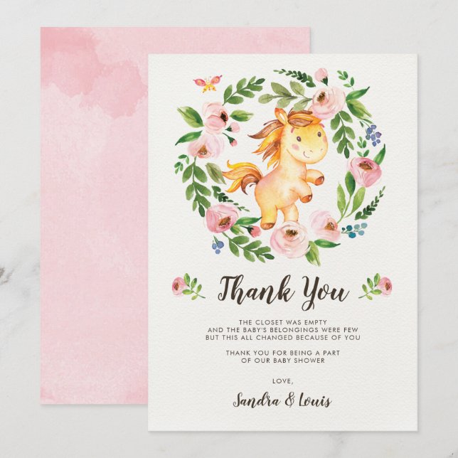 Sweet Blush Pink Floral Baby Horse Thank You Card (Front/Back)