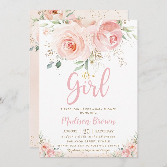 Sweet Blush Pink Floral Gold Girl Baby Shower Invitation (Front/Back)