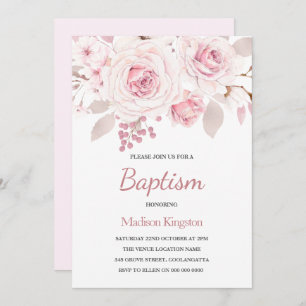 Sweet Blush Pink Flowers Beautiful Girls Baptism Invitation